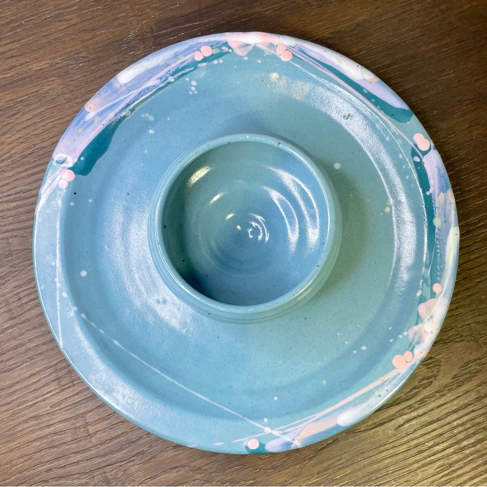 Chip & Dip Pottery 13" Vintage 1989 Blue Pink Handmade